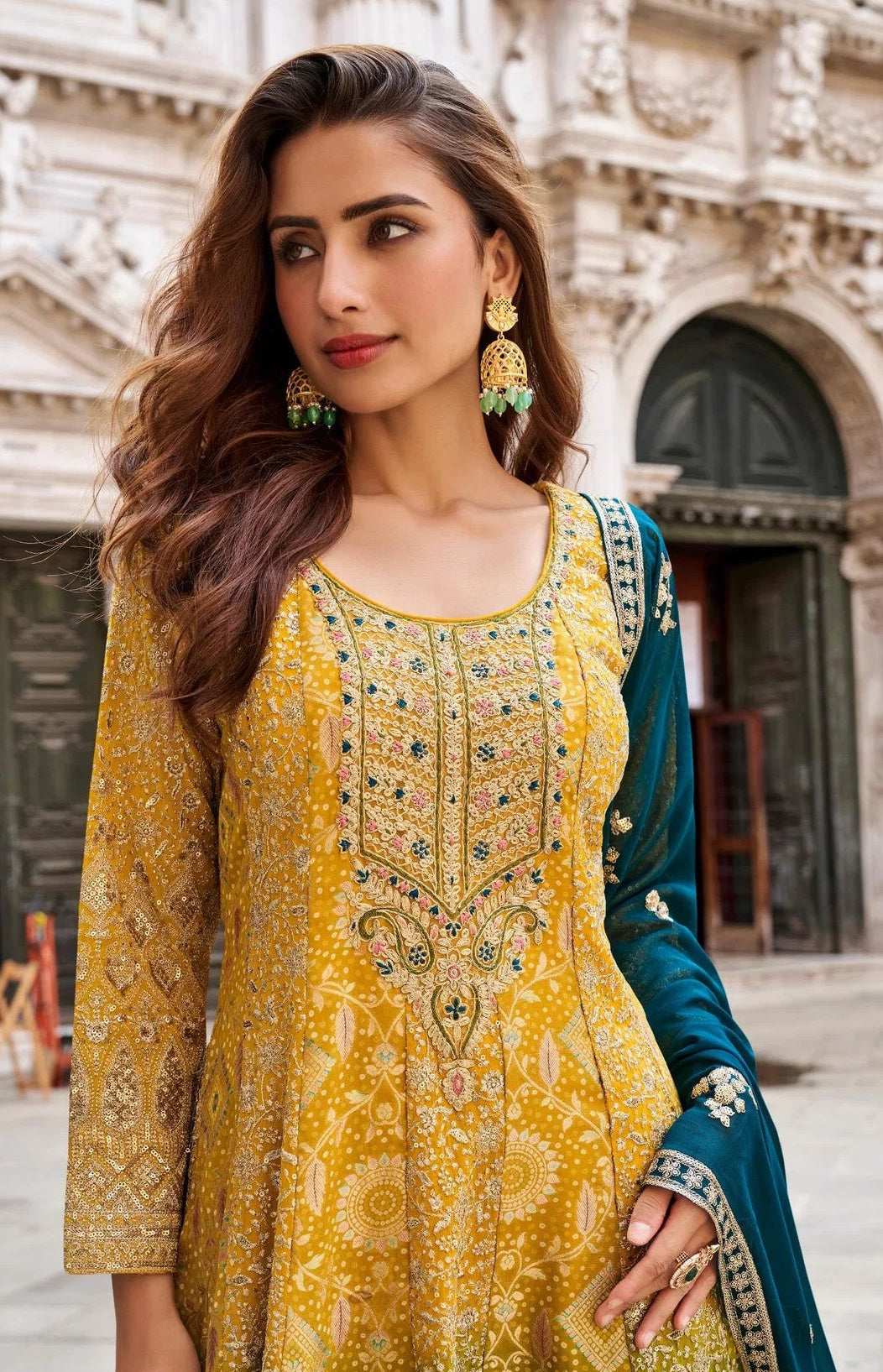 Mustard Yellow Viscose Silk Embroidered Kurta Set with Bottom & Teal Dupatta