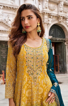 Mustard Yellow Viscose Silk Embroidered Kurta Set with Bottom & Teal Dupatta