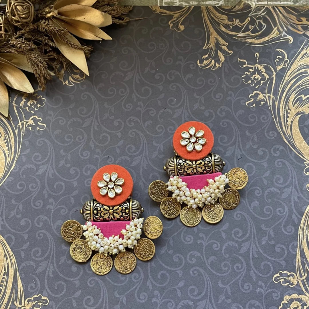 Maroon Antique Coin Chandbali Earrings with Pearl Cluster