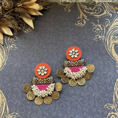 Maroon Antique Coin Chandbali Earrings with Pearl Cluster