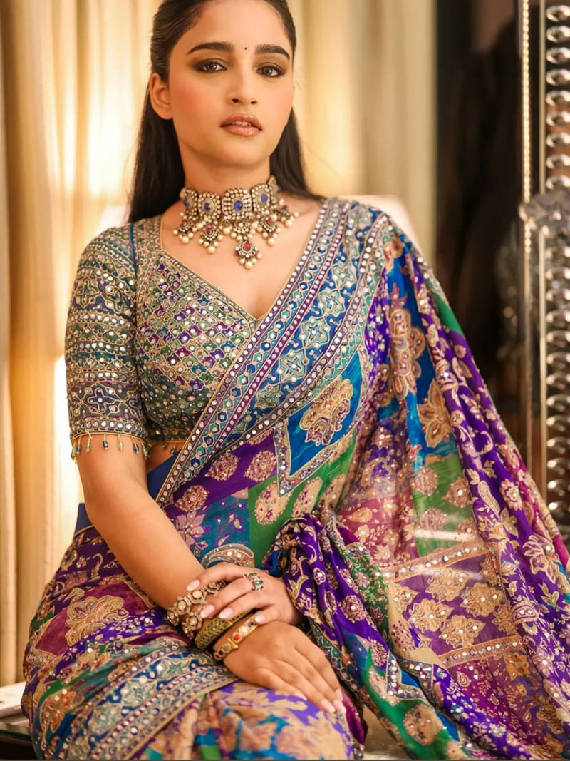 Premium Multicolor Chinon Saree with Heavy Mirror & Sequin Handwork Stitched Blouse - By Reet Lifestyle