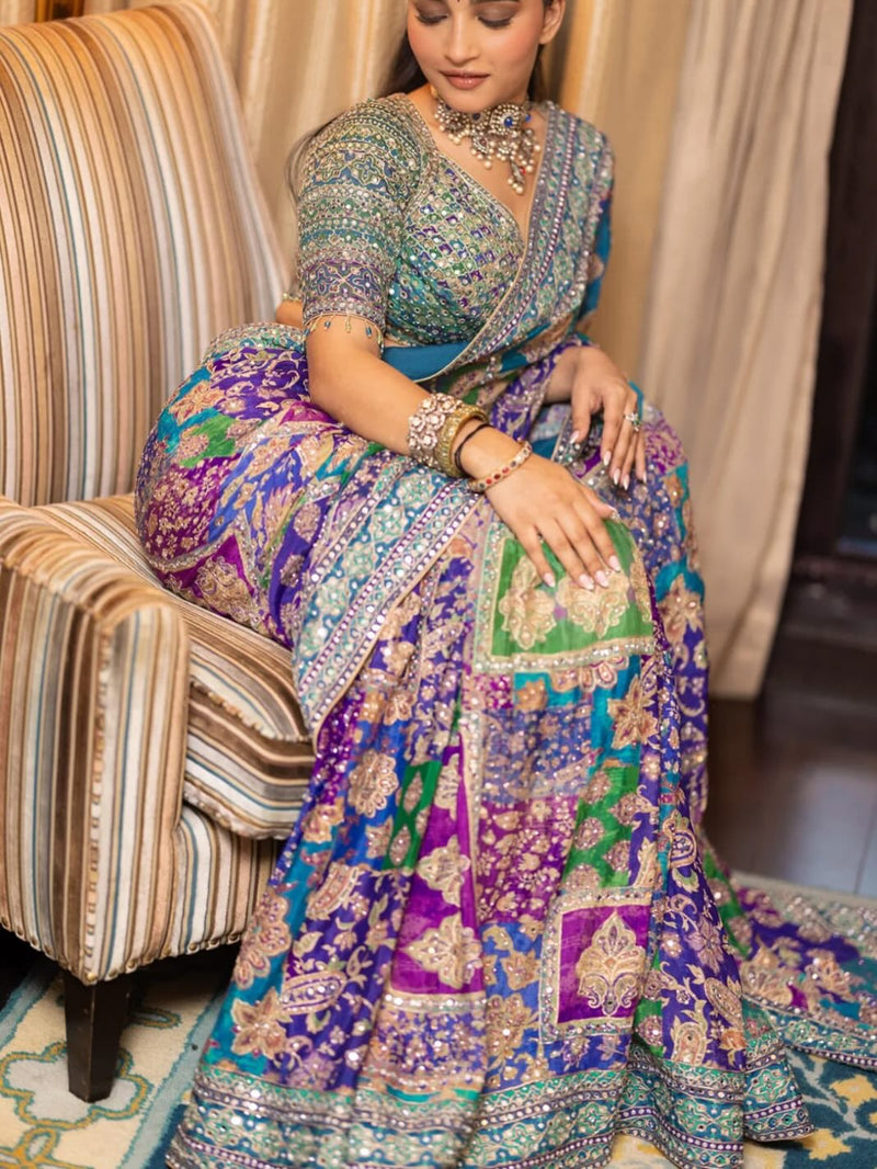 Premium Multicolor Chinon Saree with Heavy Mirror & Sequin Handwork Stitched Blouse - By Reet Lifestyle
