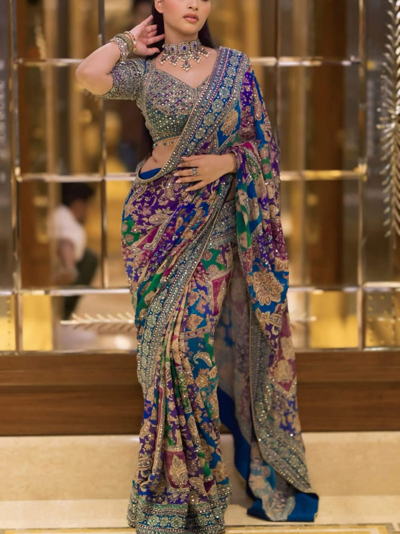 Premium Multicolor Chinon Saree with Heavy Mirror & Sequin Handwork Stitched Blouse - By Reet Lifestyle