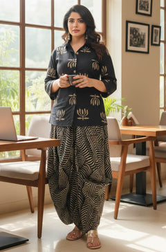 Black Lotus Printed Drape Skirt (Dhoti Style)