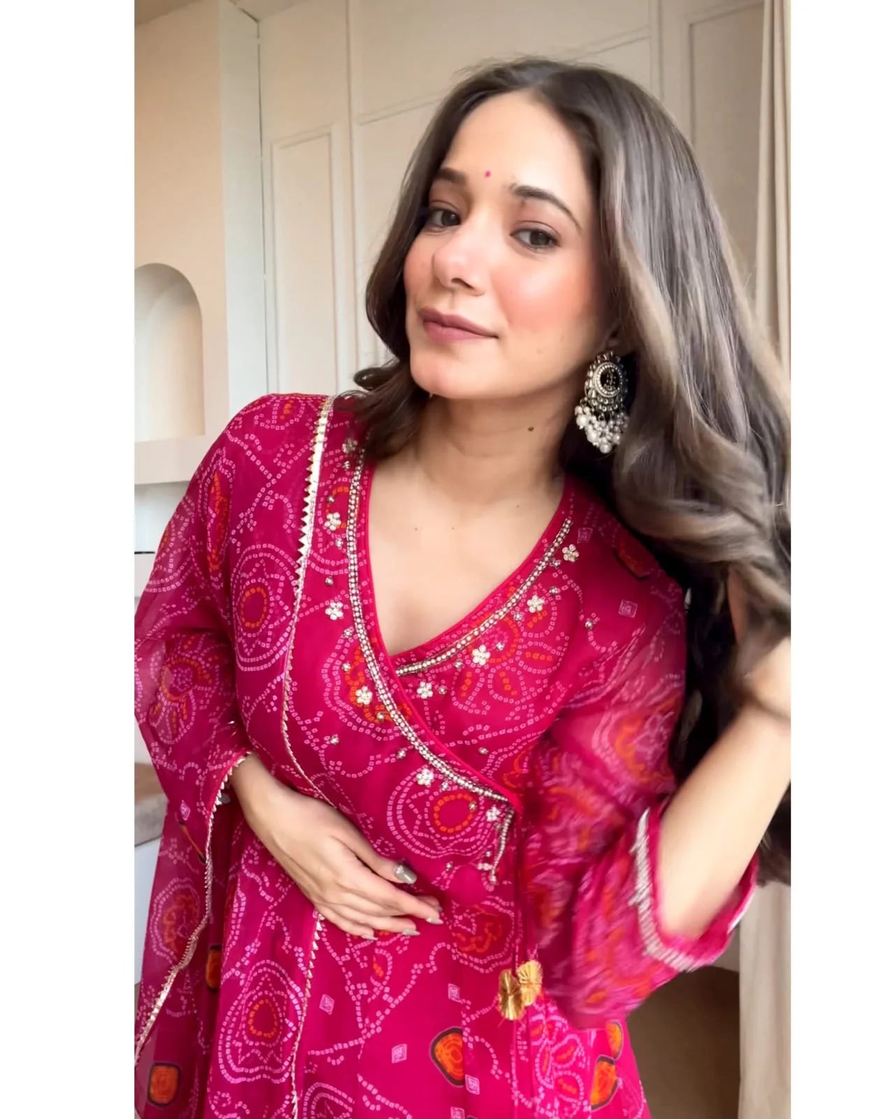 Pink Pure Chiffon Bandhej Teej Anarkali