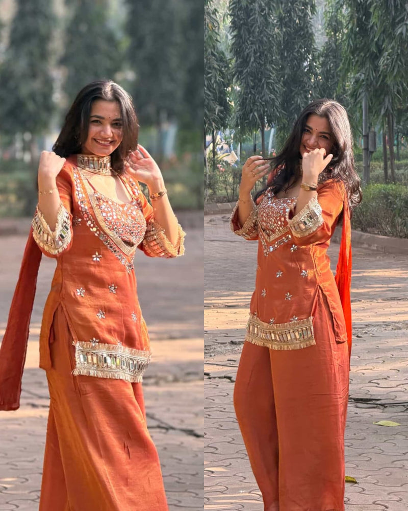 Royal Sky Blue Tissue Mirror Work Palazzo Set