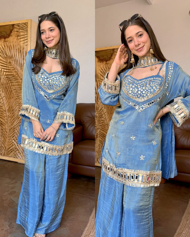 Royal Sky Blue Tissue Mirror Work Palazzo Set