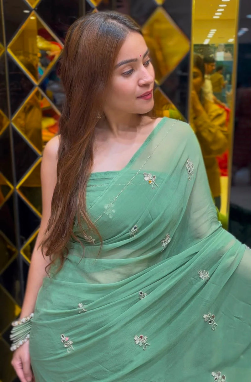 Bandhej Pure Chiffon Mirror & Katdana Handcrafted Saree