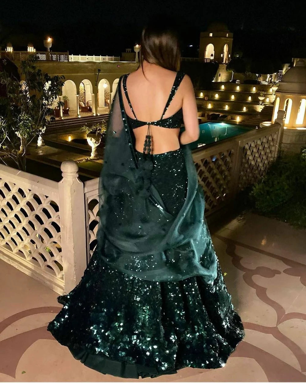 Gleaming Emerald Green Sequin Velvet Lehenga Choli