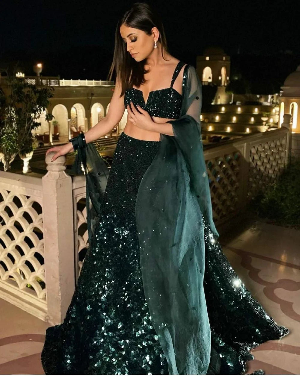 Gleaming Emerald Green Sequin Velvet Lehenga Choli