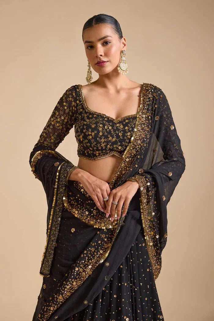 Celestial Charm Black & Gold Embroidered Designer Lehenga Set