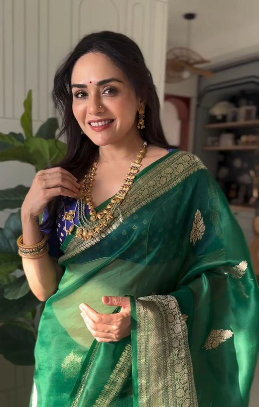 DARK GREEN BANARASI HANDLOOM KORA SILK SAREE 1018