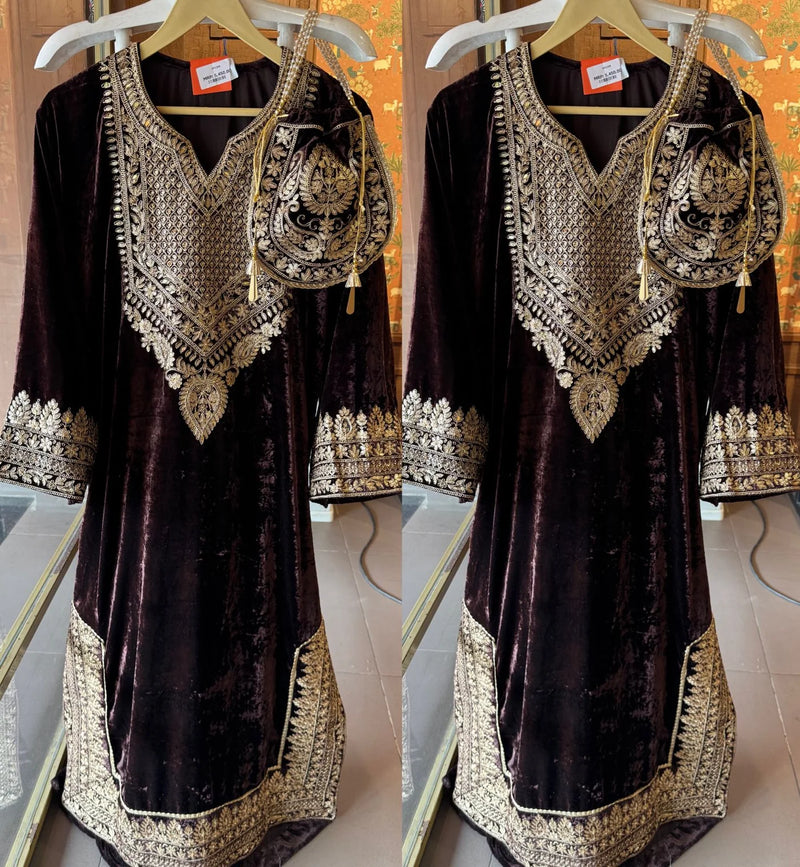 Brown Velvet Heavy Embroidered Kurta