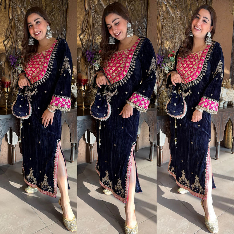 Deep Navy Blue Velvet Sharara Suit