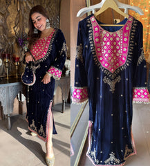 Deep Navy Blue Velvet Sharara Suit