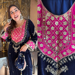 Deep Navy Blue Velvet Sharara Suit