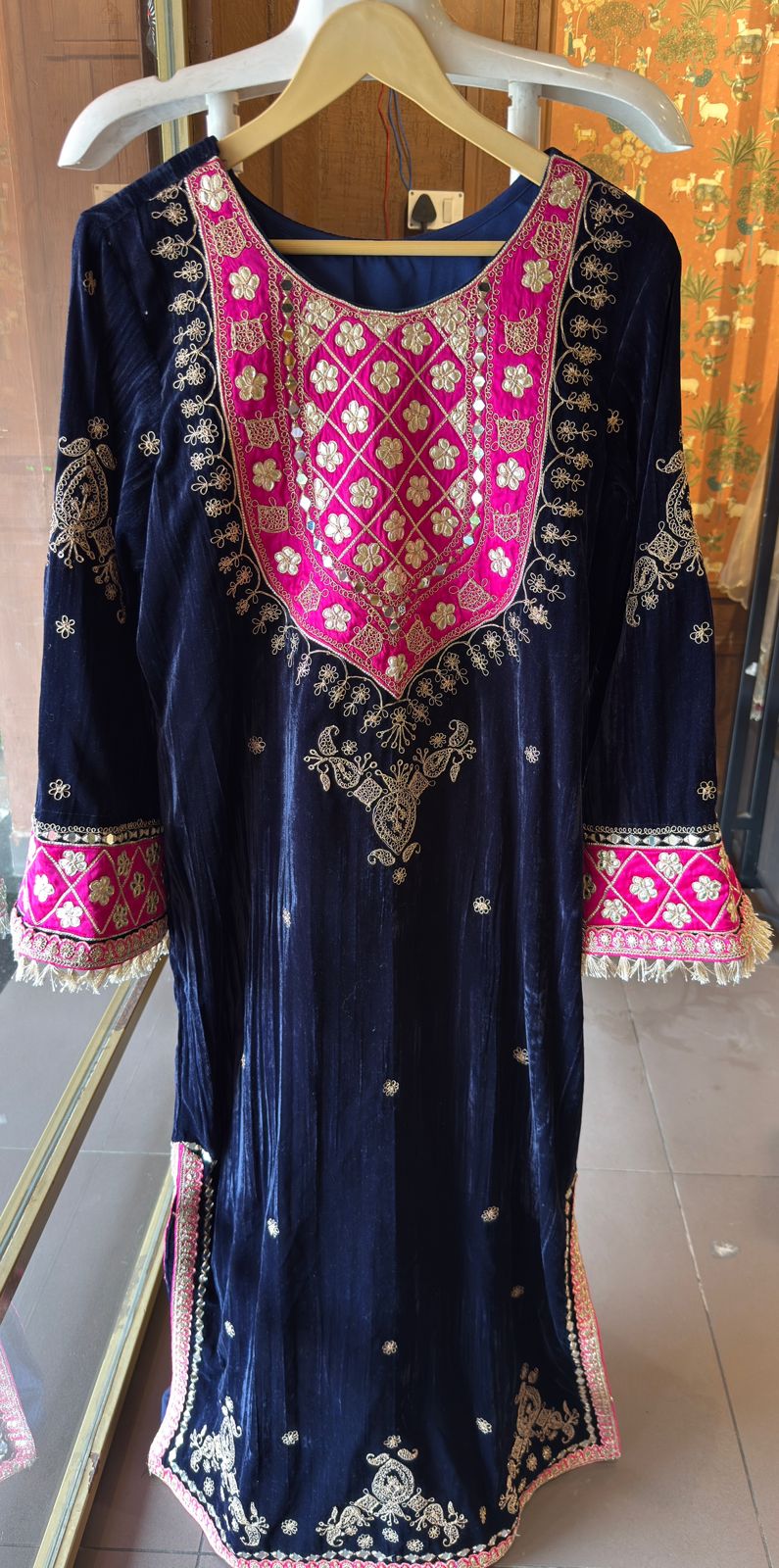 Deep Navy Blue Velvet Sharara Suit