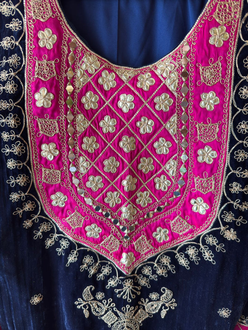 Deep Navy Blue Velvet Sharara Suit