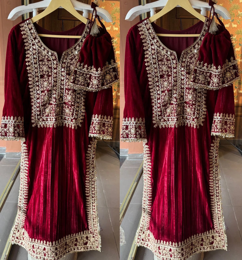 Red Velvet Heavy Embroidered Kurta