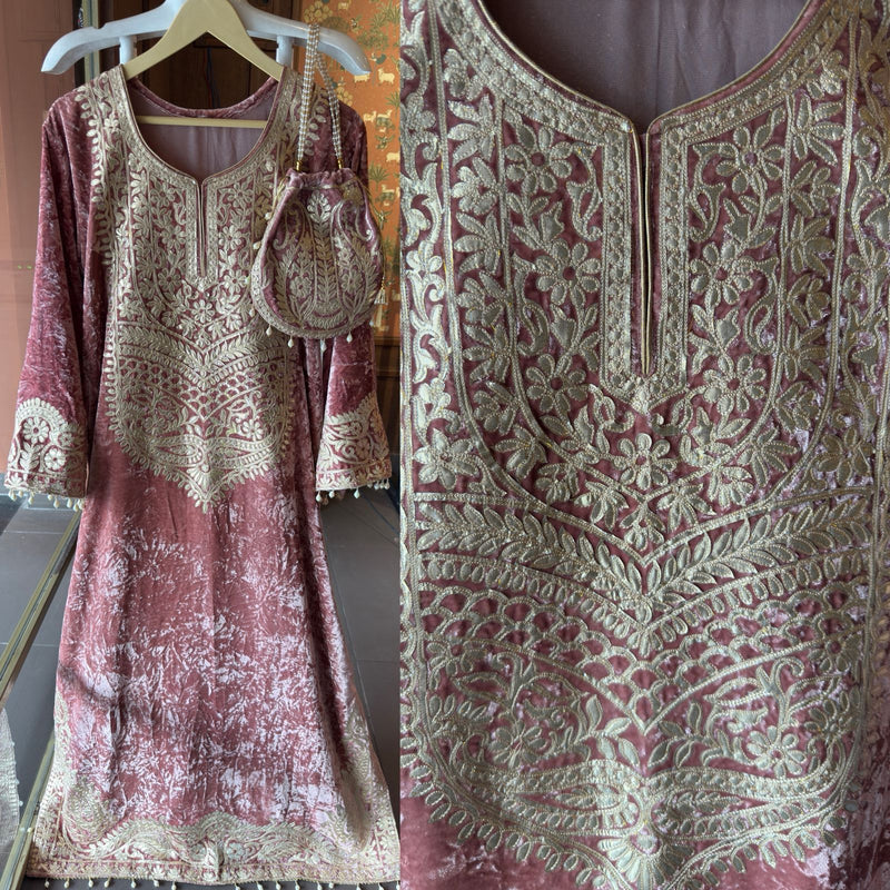 Pink Velvet Heavy Embroidered Kurta