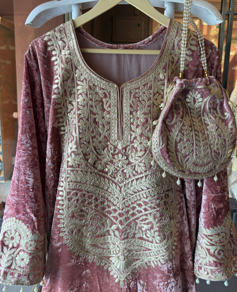 Pink Velvet Heavy Embroidered Kurta