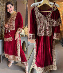 Red Velvet Heavy Embroidered Kurta