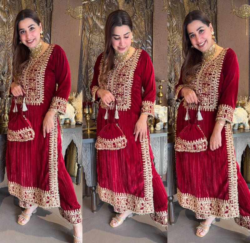Red Velvet Heavy Embroidered Kurta