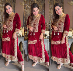Red Velvet Heavy Embroidered Kurta