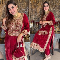 Red Velvet Heavy Embroidered Kurta