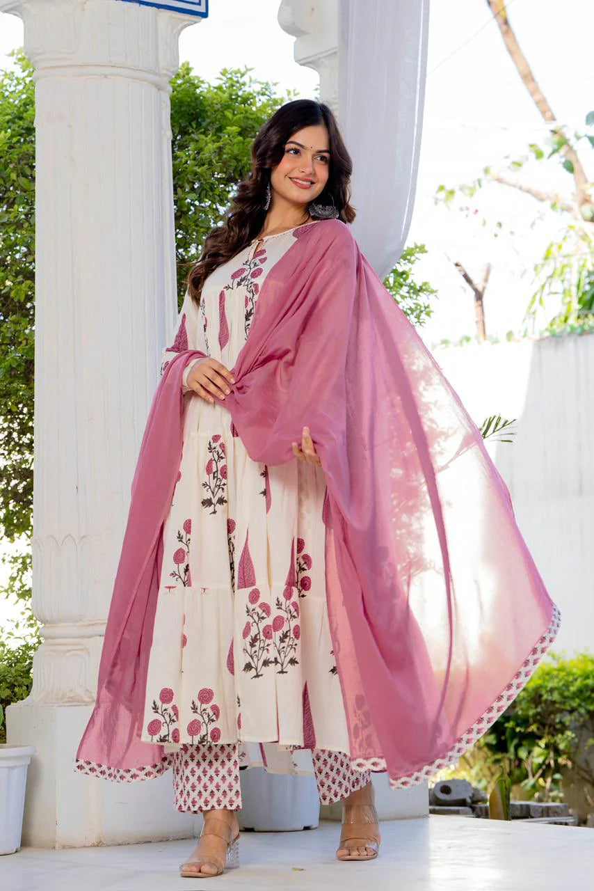 Pink Buta Tiered Cotton Anarkali Set