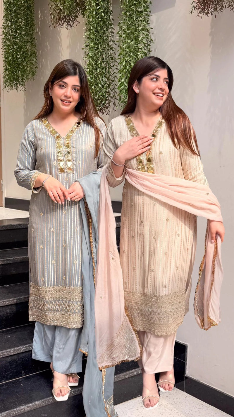 Embroidered Straight Kurta Set with Dupatta Mirror Detailing Suit Set