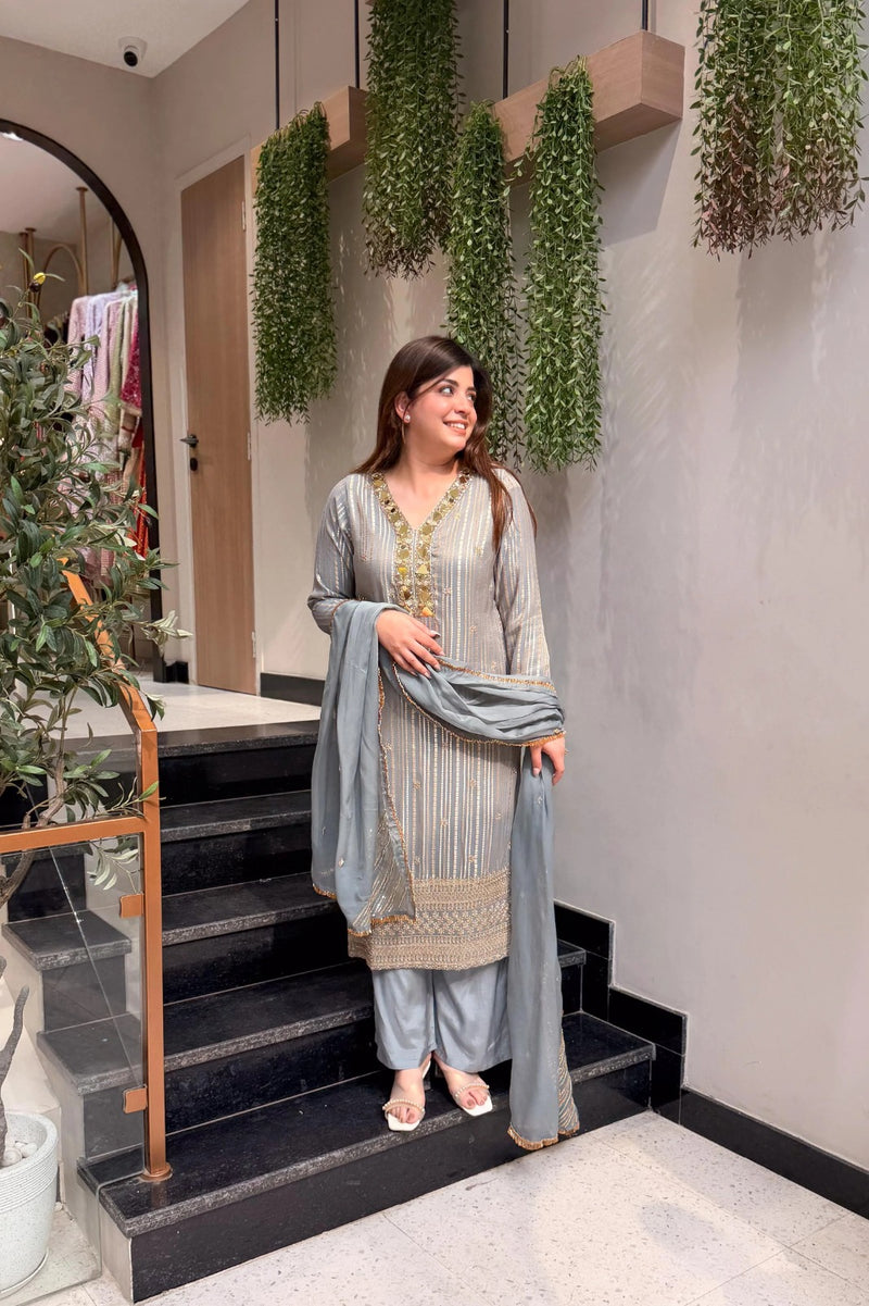 Embroidered Straight Kurta Set with Dupatta Mirror Detailing Suit Set