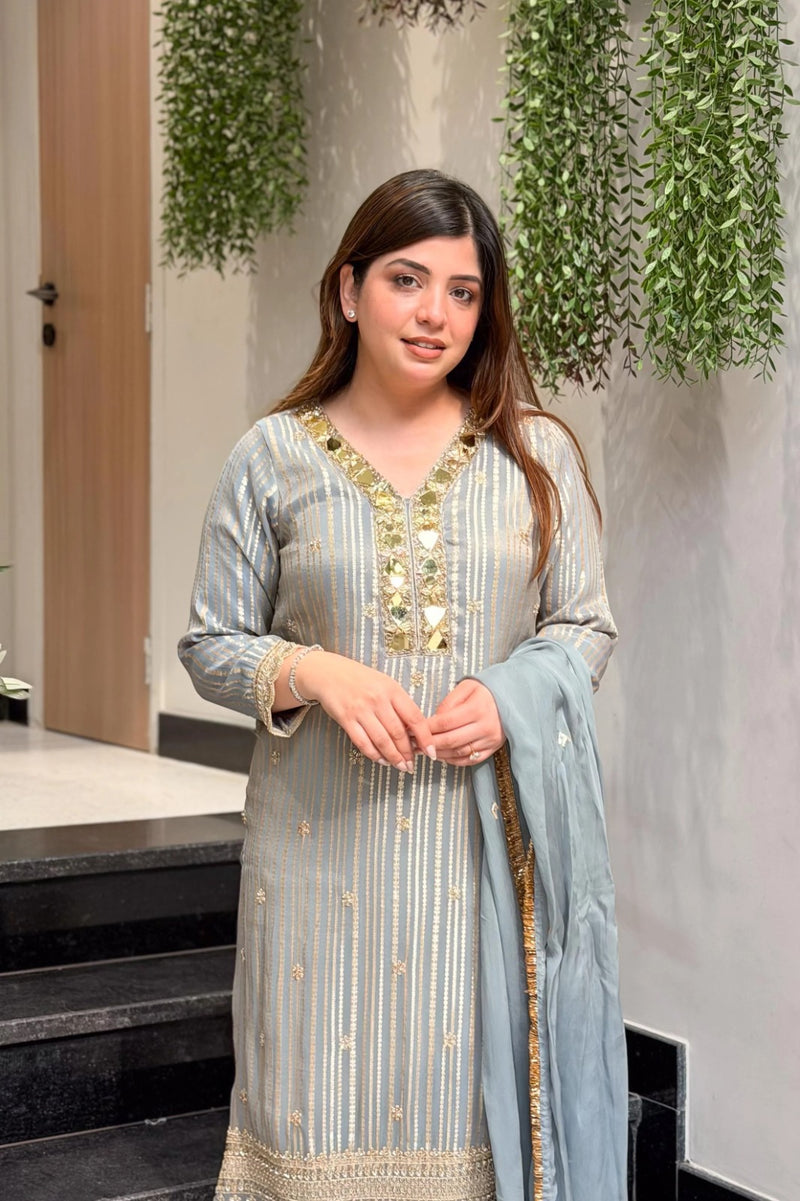 Embroidered Straight Kurta Set with Dupatta Mirror Detailing Suit Set