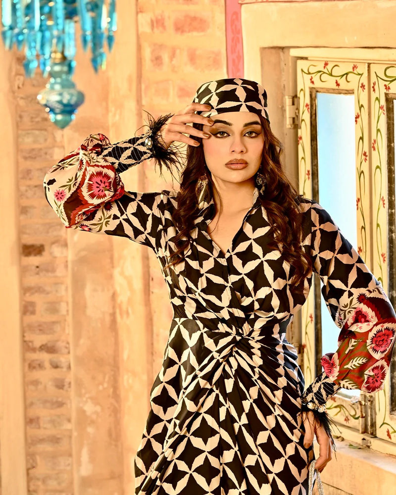 Asymmetrical Maxi Dress Black Accents with Free Bandana