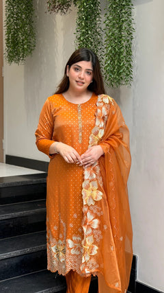Embroidered Orange Suit Set with Floral Dupatta