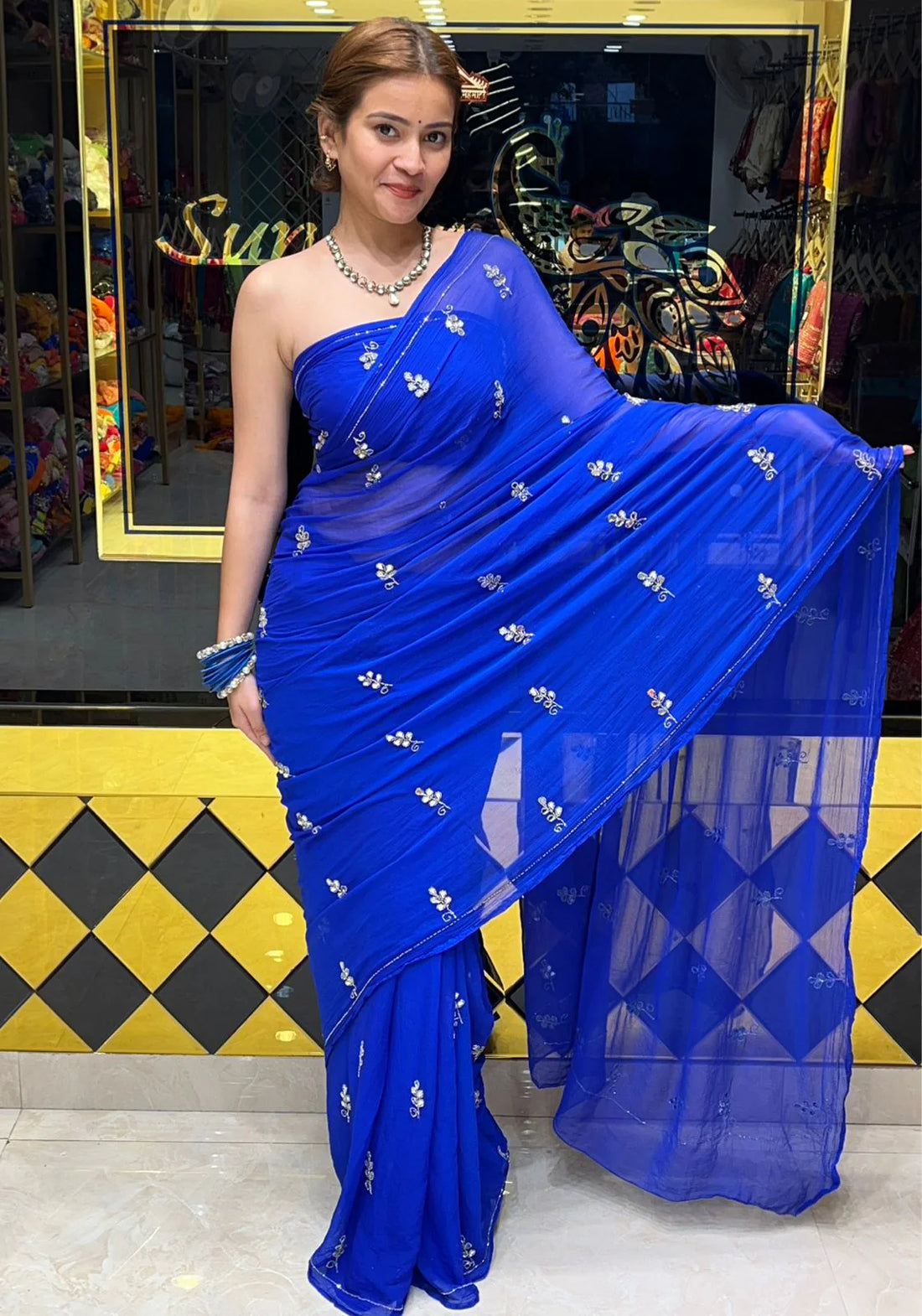 Royal Blue Pure Chiffon Mirror & Katdana Handcrafted Saree
