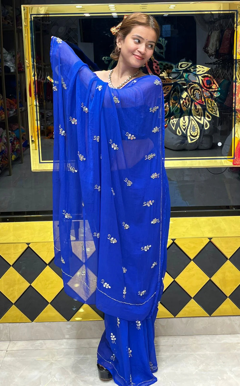 Royal Blue Pure Chiffon Mirror & Katdana Handcrafted Saree