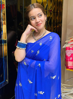 Royal Blue Pure Chiffon Mirror & Katdana Handcrafted Saree