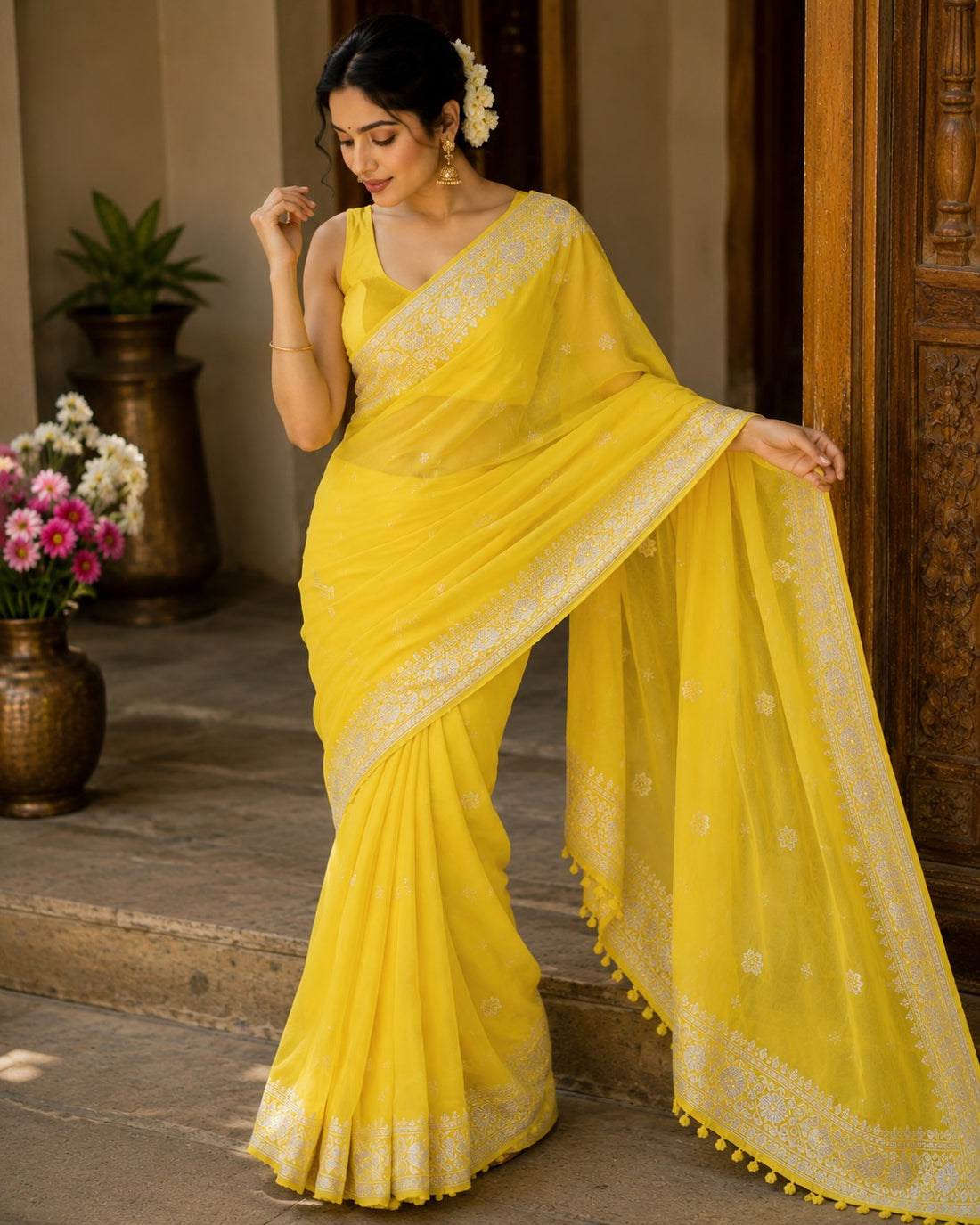 Sunshine Yellow Chiffon Silk Silver Zari Border Saree with Blouse