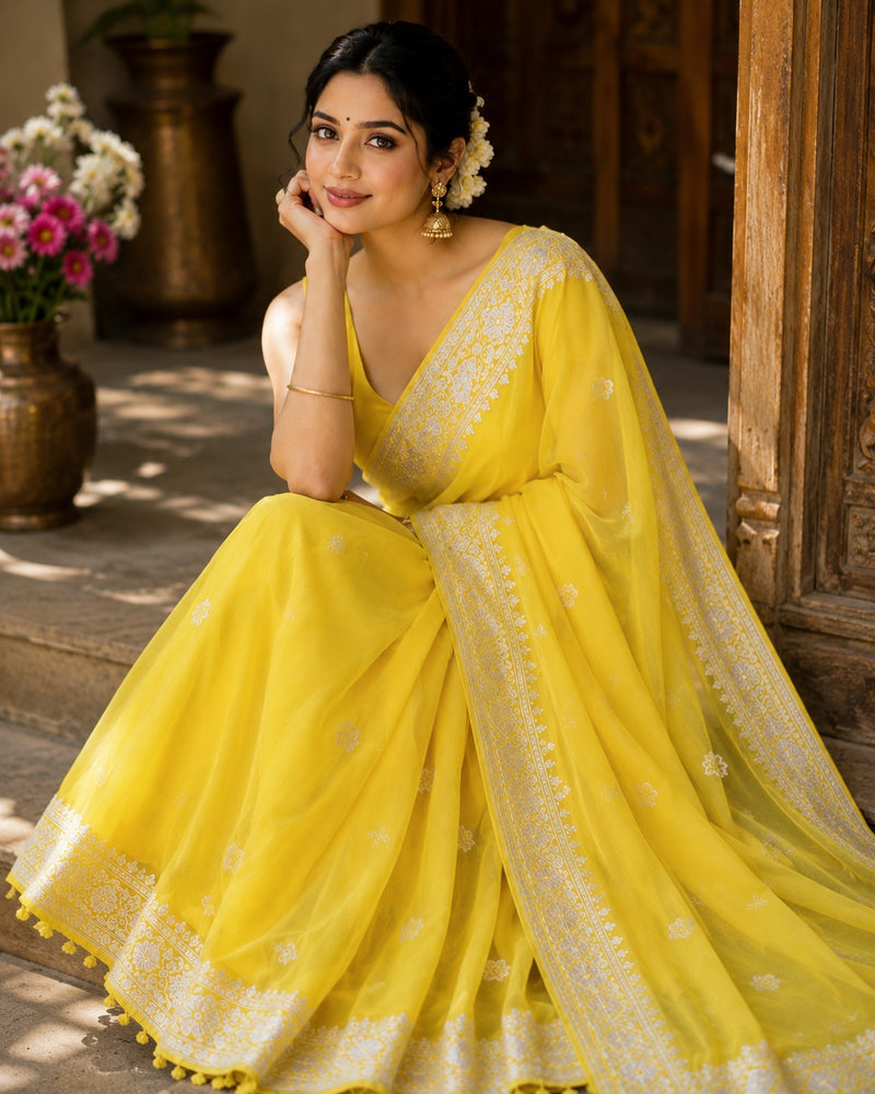Sunshine Yellow Chiffon Silk Silver Zari Border Saree with Blouse