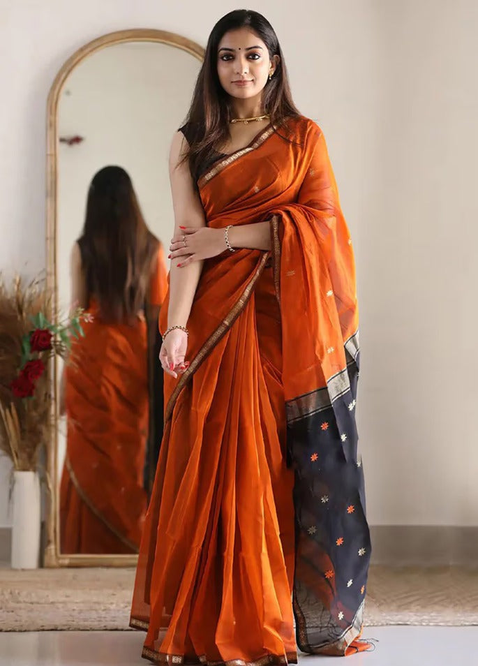 Women's Handloom-Inspired Silk Cotton Saree with Zari Border