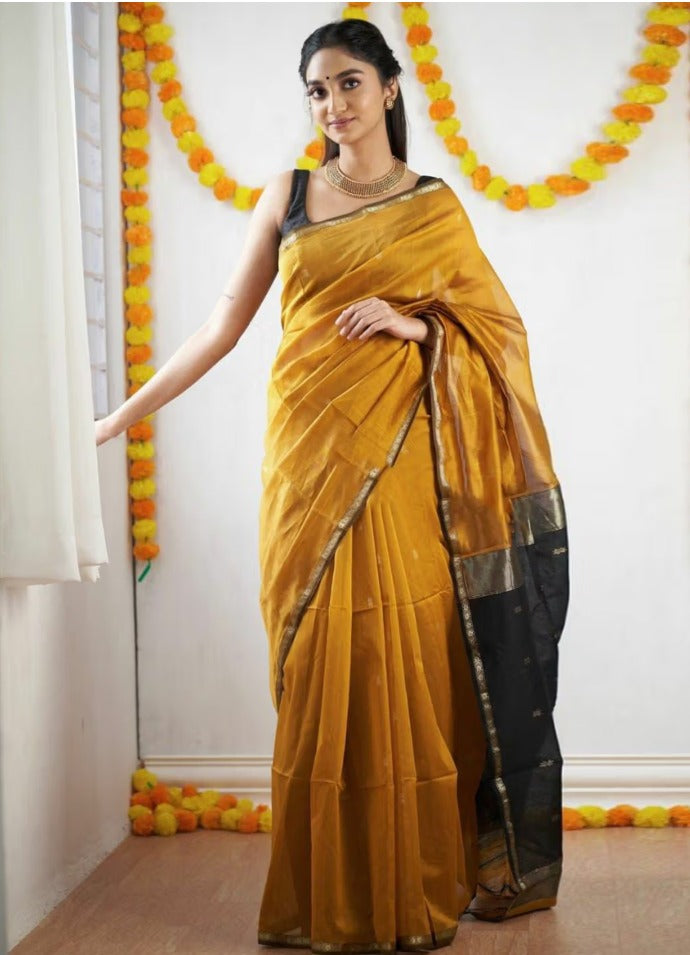 Women's Handloom-Inspired Silk Cotton Saree with Zari Border