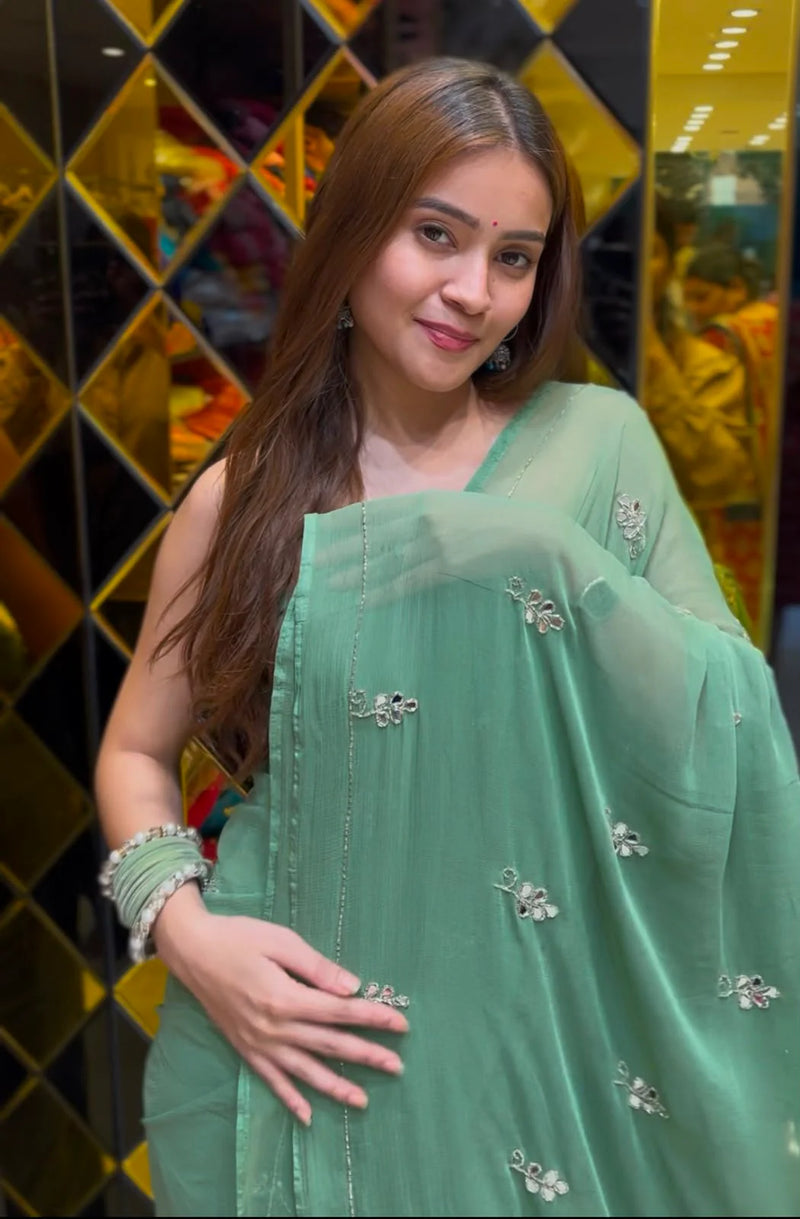 Bandhej Pure Chiffon Mirror & Katdana Handcrafted Saree