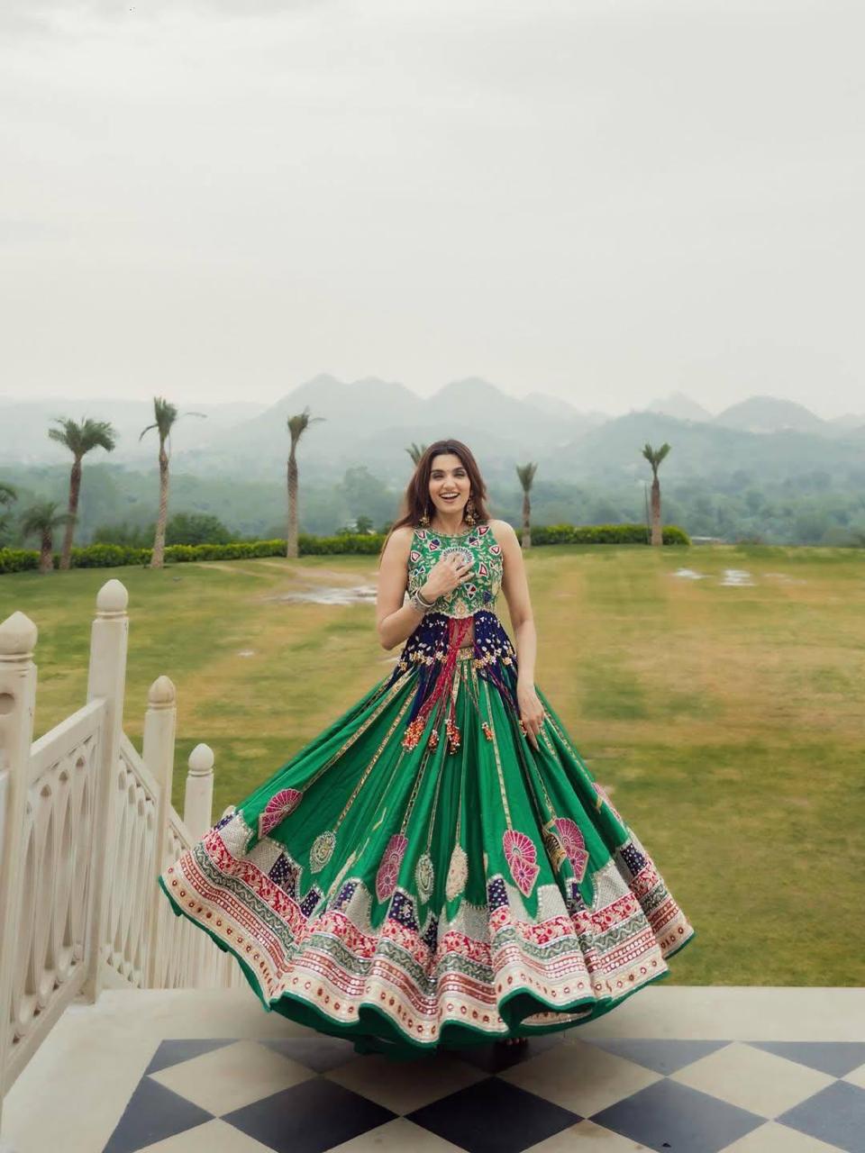 Green Heritage Lehenga Choli Set with Printed Dupatta