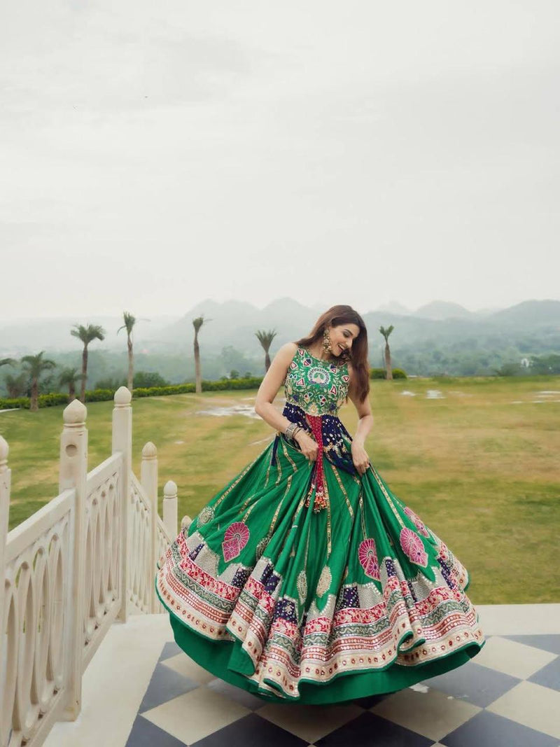 Green Heritage Lehenga Choli Set with Printed Dupatta