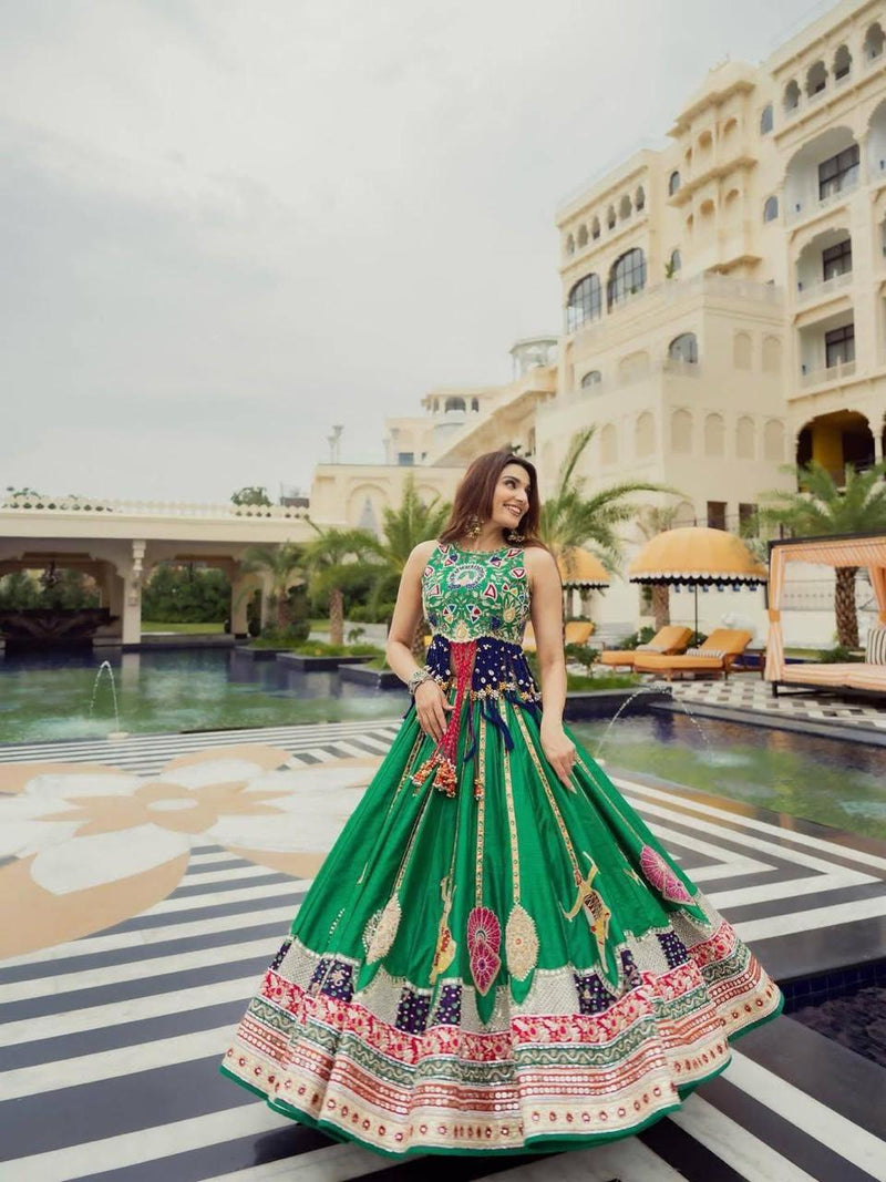 Green Heritage Lehenga Choli Set with Printed Dupatta