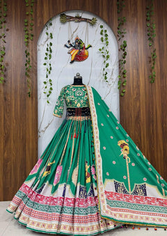 Green Heritage Lehenga Choli Set with Printed Dupatta