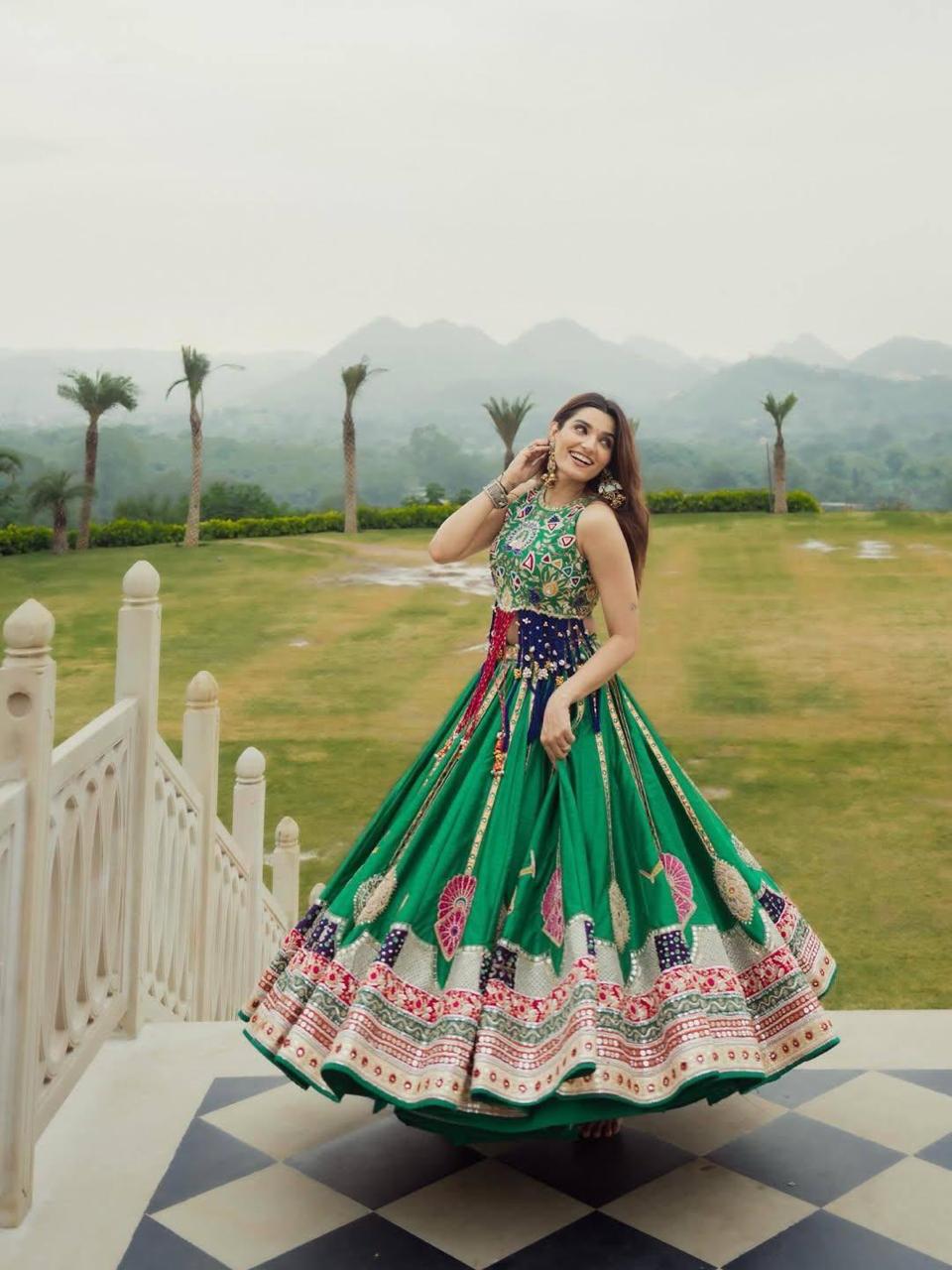 Green Heritage Lehenga Choli Set with Printed Dupatta