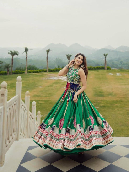 Green Heritage Lehenga Choli Set with Printed Dupatta
