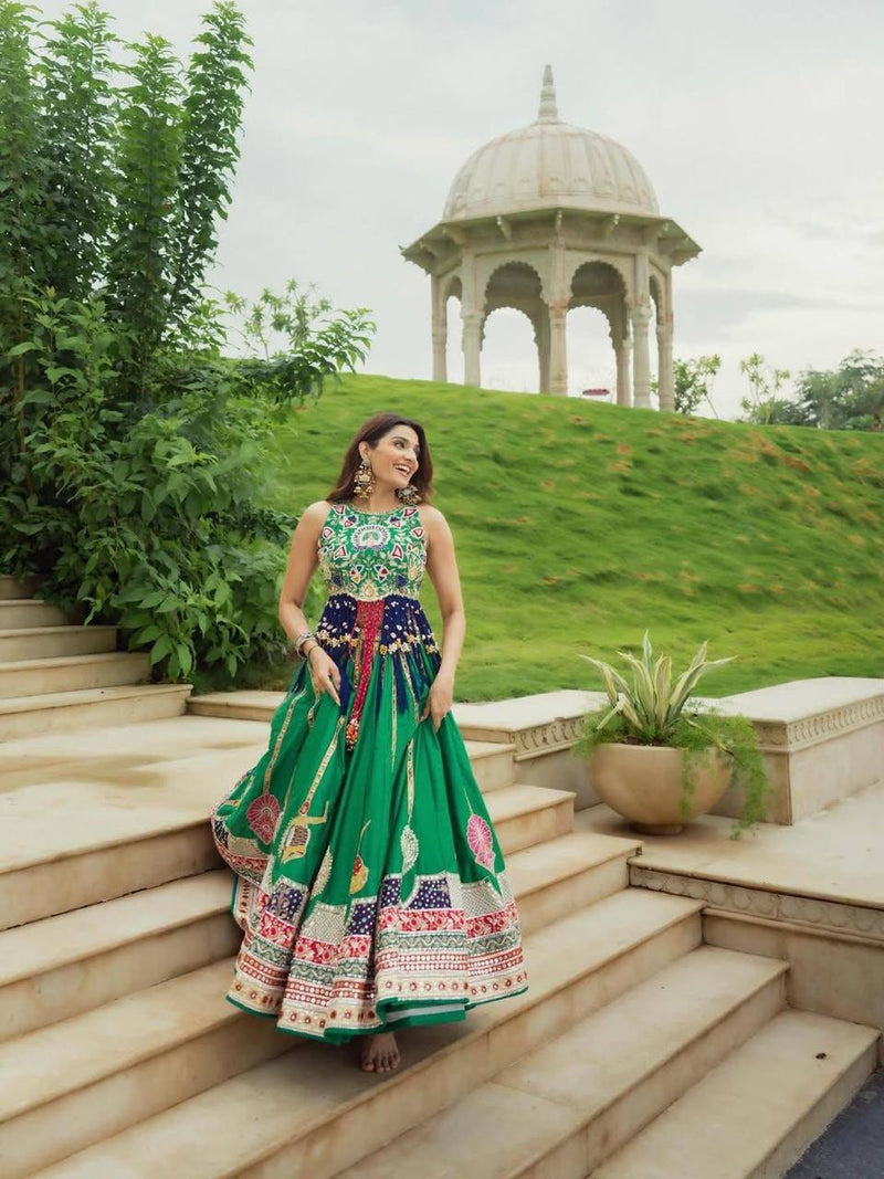 Green Heritage Lehenga Choli Set with Printed Dupatta